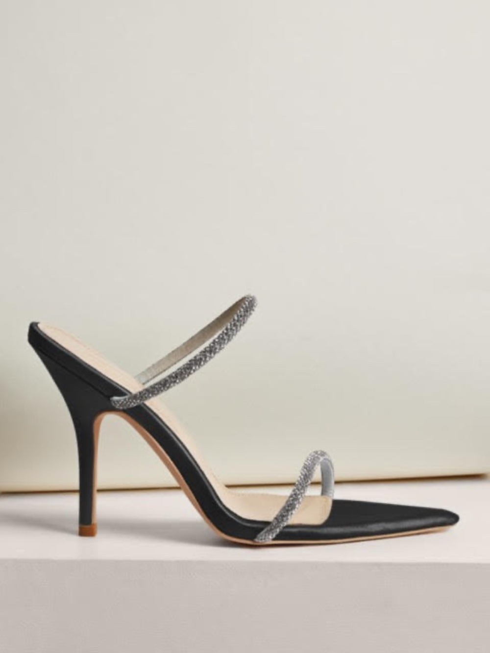 ByDose Black Pointed Toe Rhinestone Strap Stiletto Mules